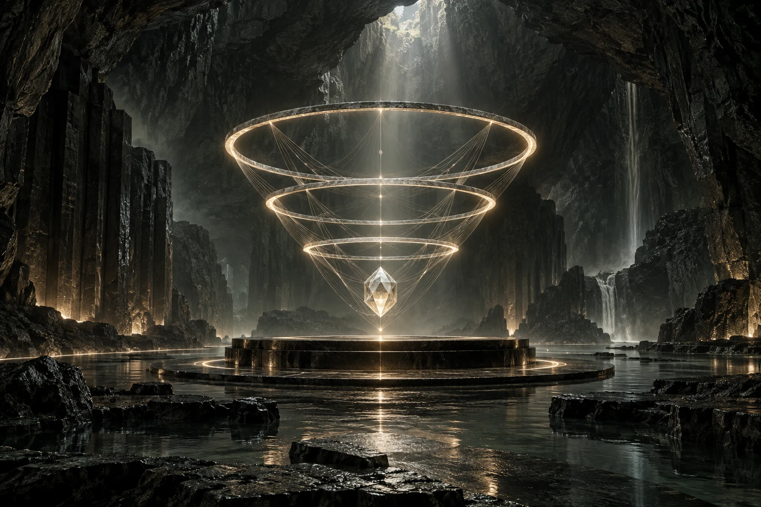 Three illuminated continuity rings suspended around a crystal archive inside a basalt cave